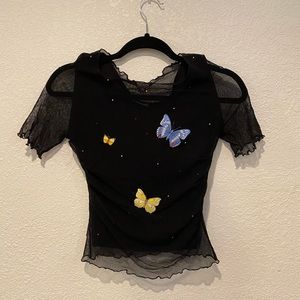 Vintage sheer mesh butterfly rhinestone y2k top